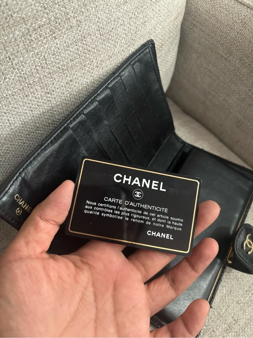 CHANEL Black Quilted Leather Wallet with Gold CC Snap